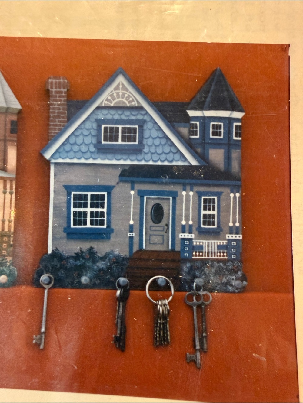 Tole Painting Blue House Key Holder Wall Decor Home Wall Art Craft Pattern